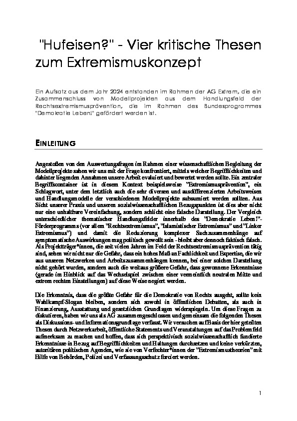 Cover "Hufeisen?" - Vier kritische Thesen zum Extremismuskonzept